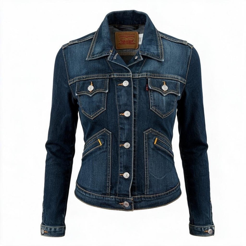 Levi's Trucker Jacket Juniors Small Dark Wash Orange Stitching Y2K Vintage #3049